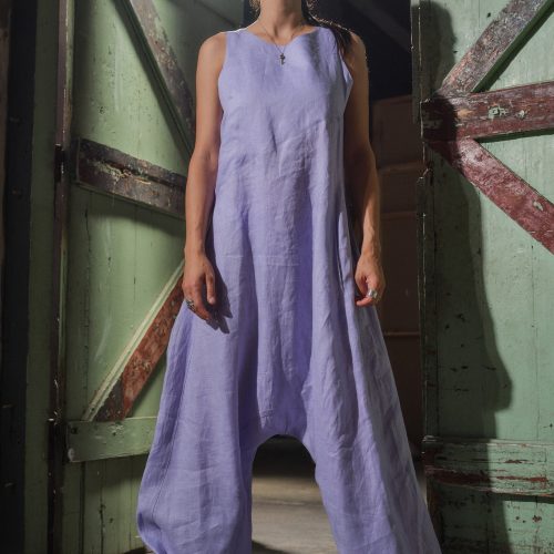Lilac Linen Jumpsuit: Avant Garde Drop Crotch Overalls
