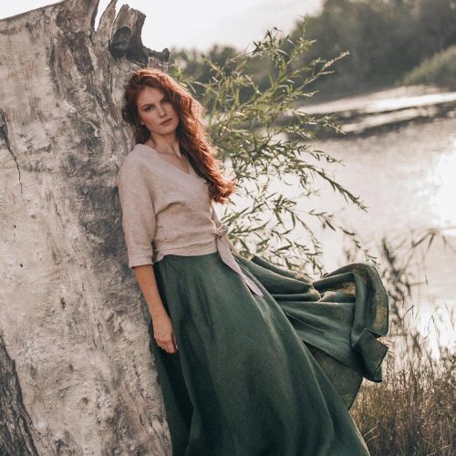 Heavy Weight Linen Skirt Wrap Green Maxi Long