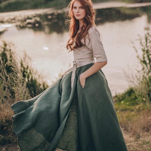 Heavy Weight Linen Skirt Wrap Green Maxi Long