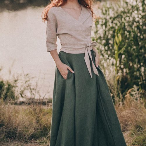 Heavy Weight Linen Skirt Wrap Green Maxi Long