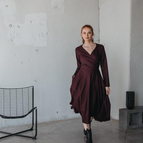 Burgundy Wool Midi Dress Wrap Top Flare Skirt