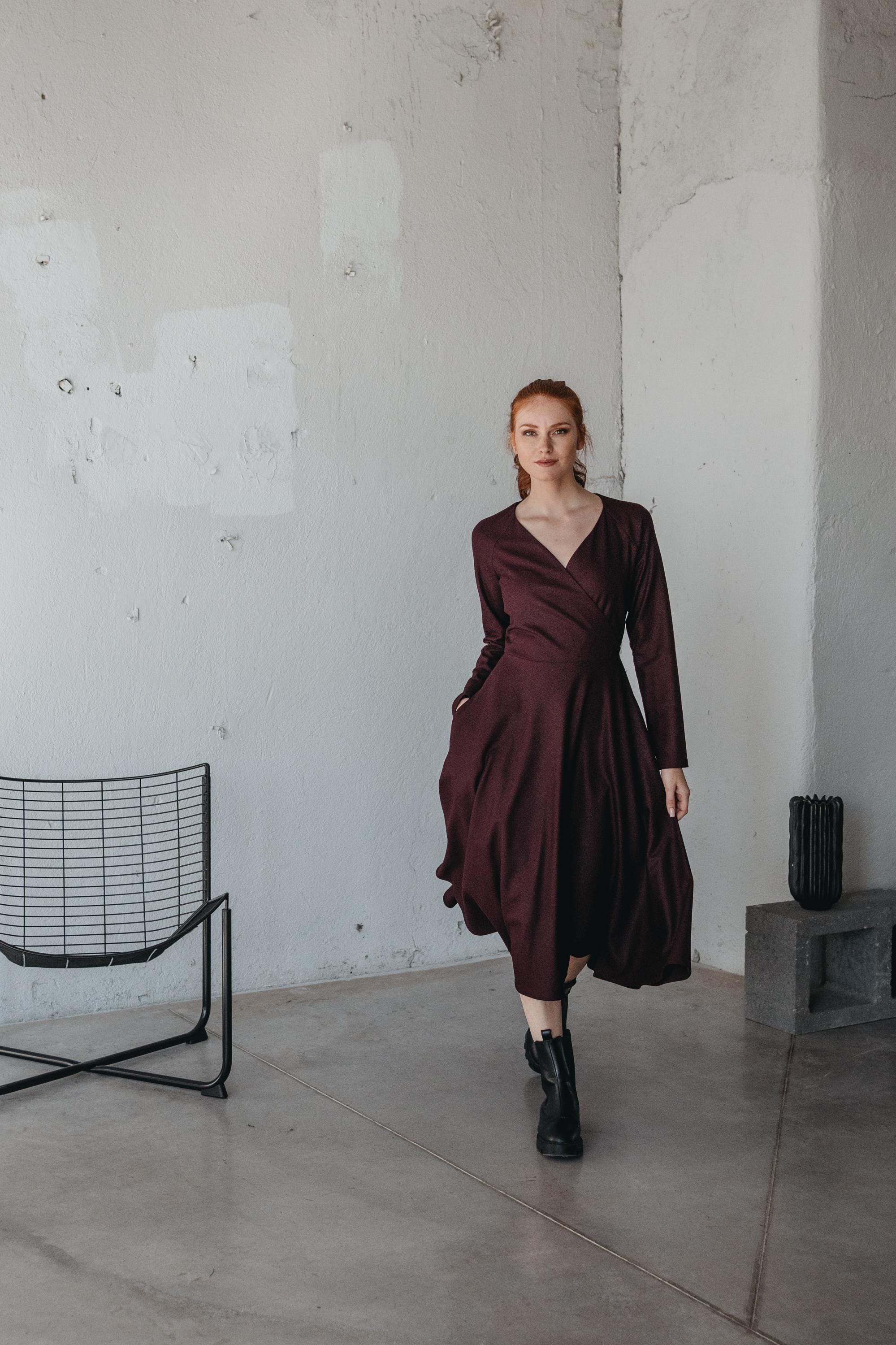 Burgundy Wool Midi Dress Wrap Top Flare Skirt