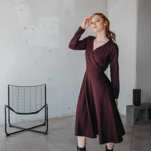 Burgundy Wool Midi Dress Wrap Top Flare Skirt