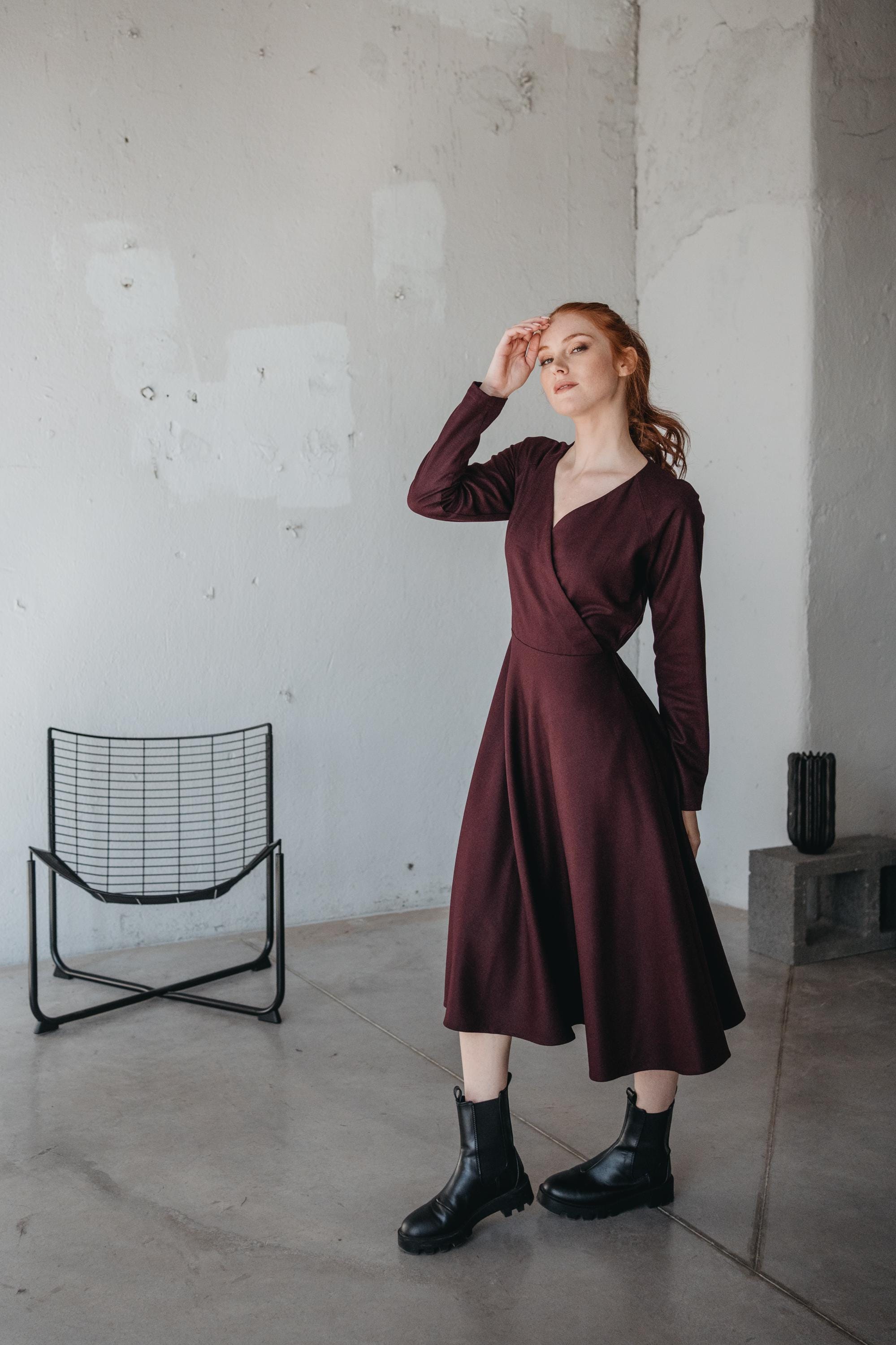 Burgundy Wool Midi Dress Wrap Top Flare Skirt