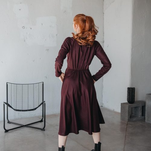 Burgundy Wool Midi Dress Wrap Top Flare Skirt
