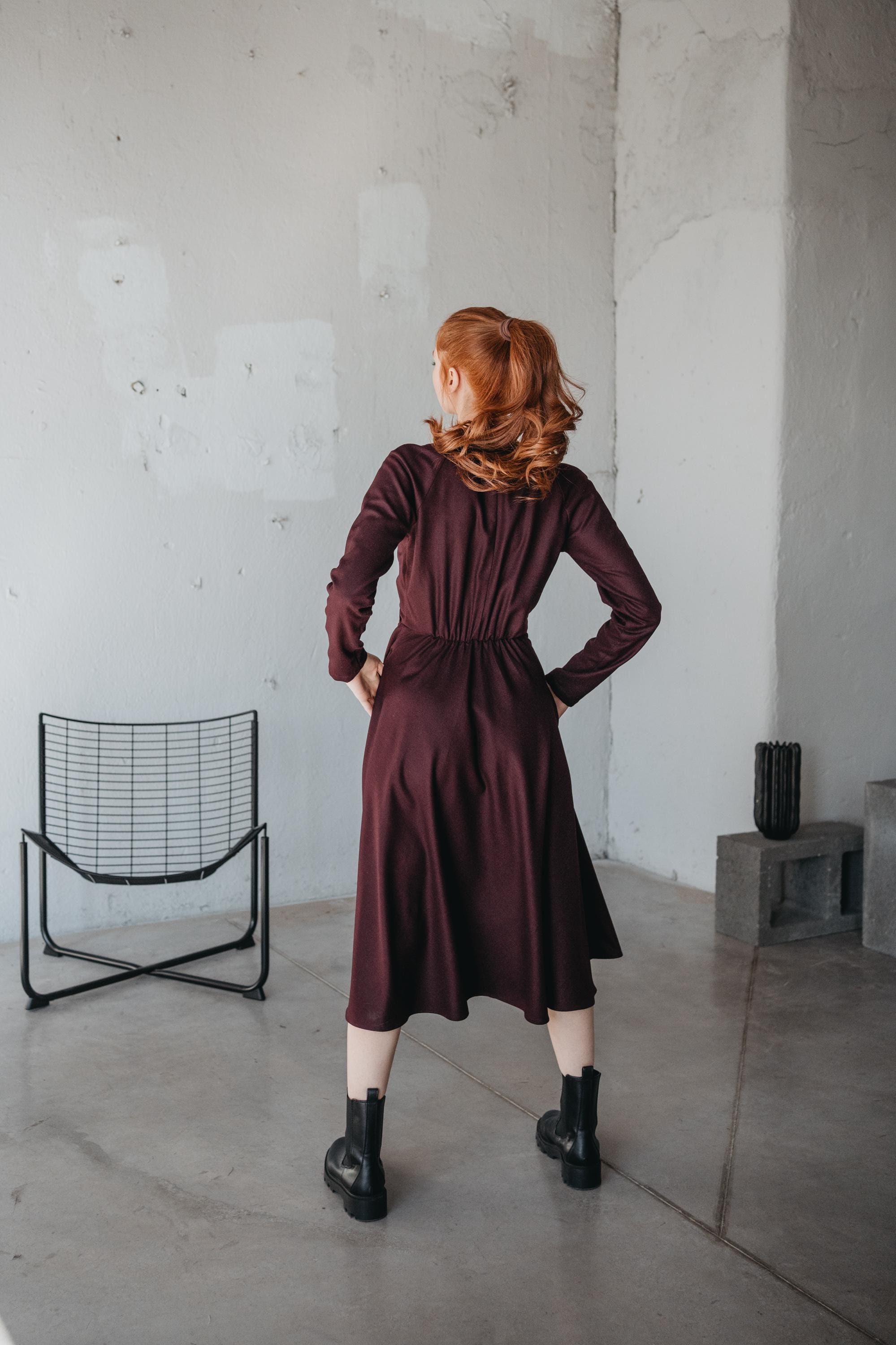 Burgundy Wool Midi Dress Wrap Top Flare Skirt