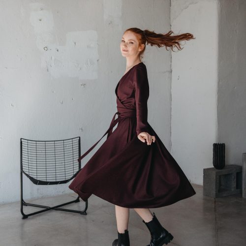 Burgundy Wool Midi Dress Wrap Top Flare Skirt