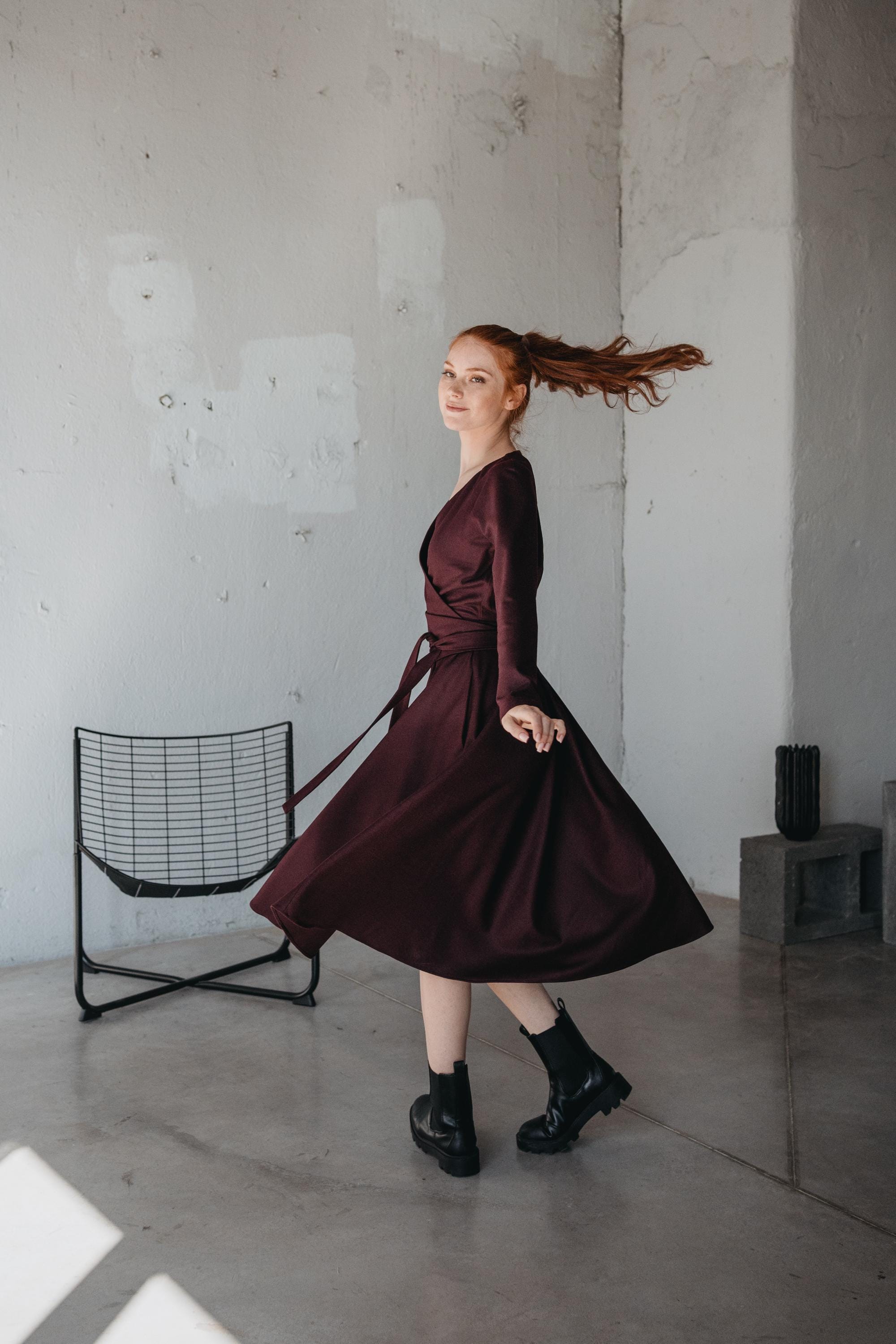 Burgundy Wool Midi Dress Wrap Top Flare Skirt
