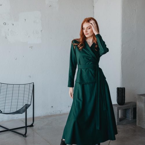 Dark Green Wool Wrap Skirt: Tie Waist Winter