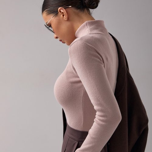 Fitted Turtleneck Top Elastic Bamboo High Neck Casual