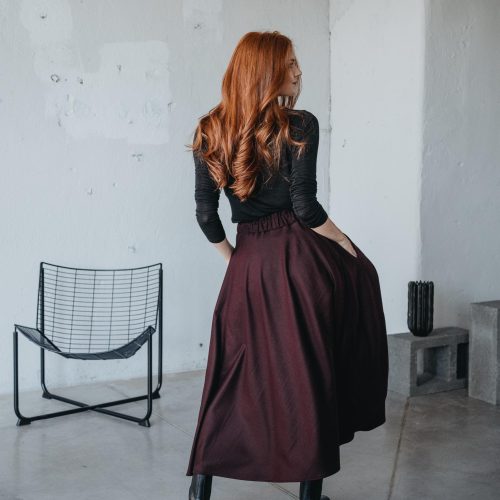 Burgundy Wool Maxi Skirt: Elastic Waist Winter Skirt