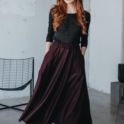 Burgundy Wool Maxi Skirt: Elastic Waist Winter Skirt
