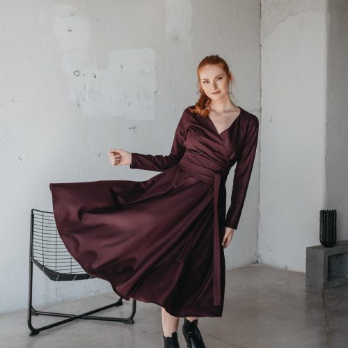 Burgundy Wool Midi Dress Wrap Top Flare Skirt