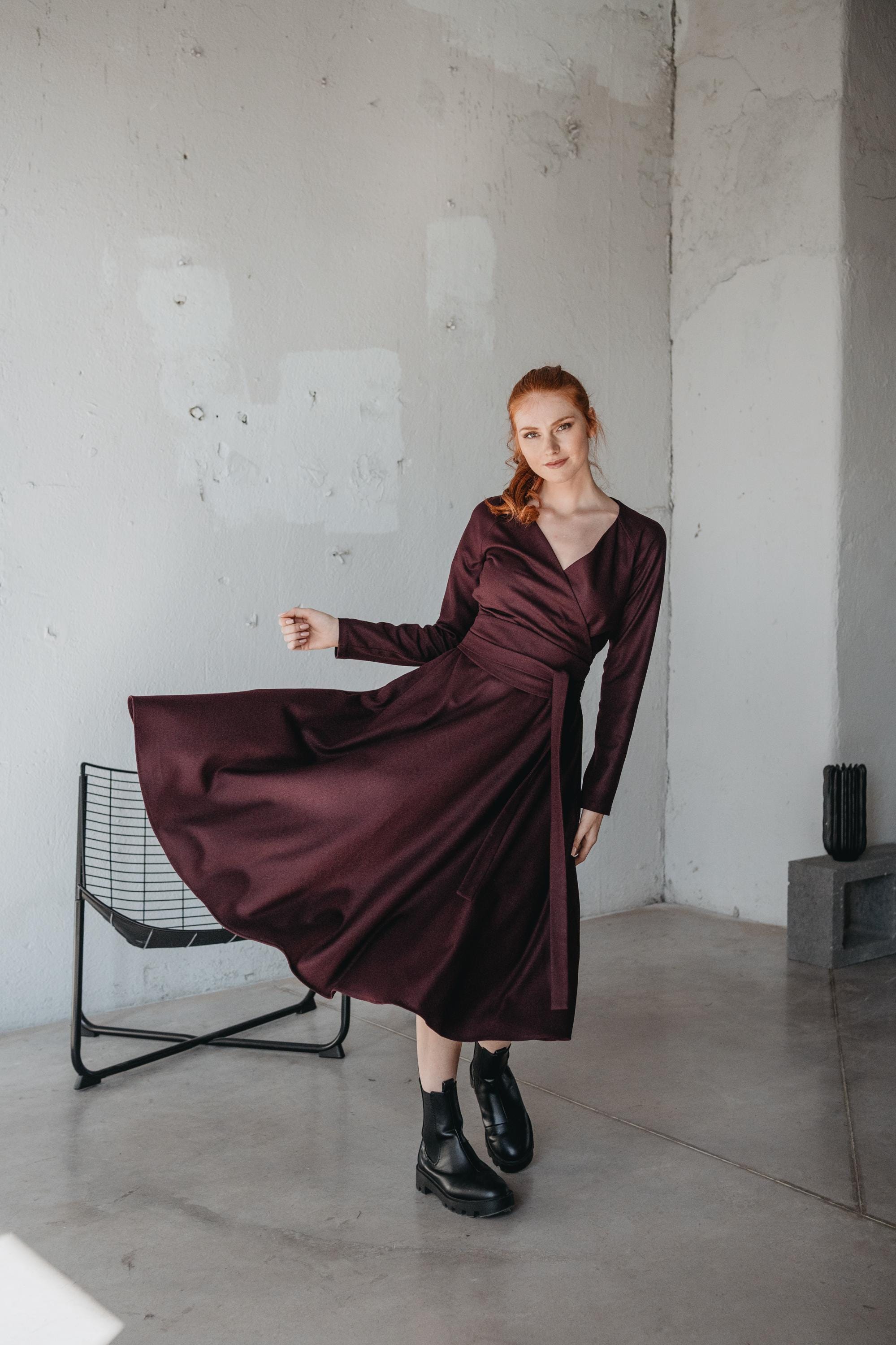 Burgundy Wool Midi Dress Wrap Top Flare Skirt