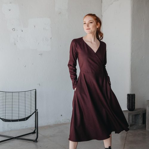 Burgundy Wool Midi Dress Wrap Top Flare Skirt