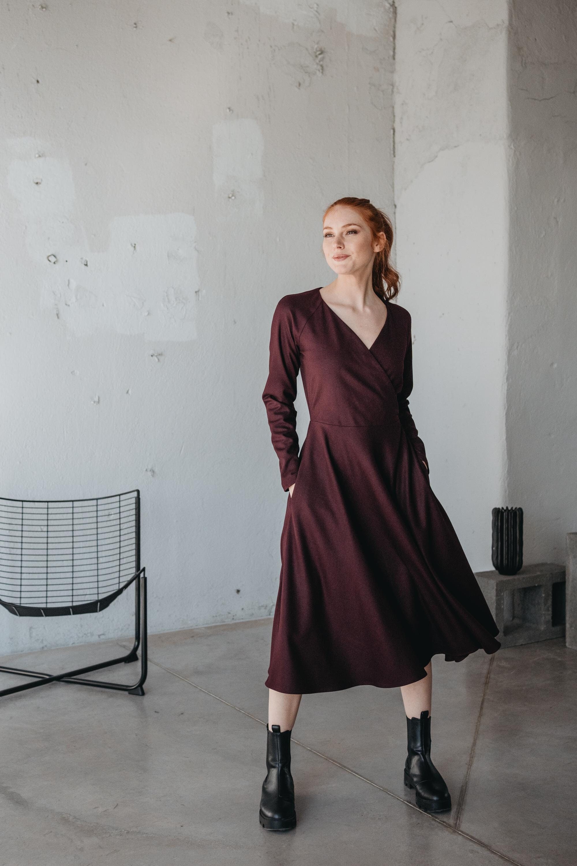 Burgundy Wool Midi Dress Wrap Top Flare Skirt