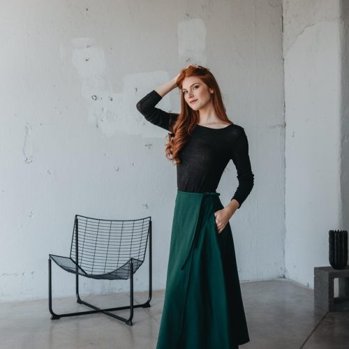Wool Wrap Skirt With Pockets: Dark Green Bohemian