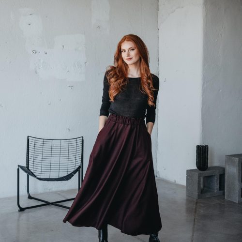 Burgundy Wool Maxi Skirt: Elastic Waist Winter Skirt