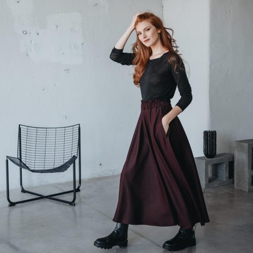 Burgundy Wool Maxi Skirt Elastic Waist With Pockets