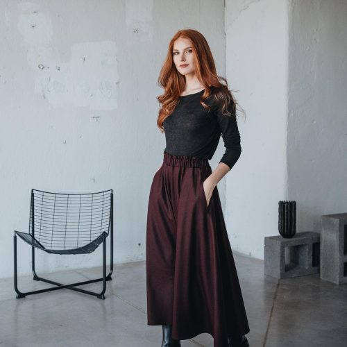 Burgundy Wool Maxi Skirt Elastic Waist With Pockets