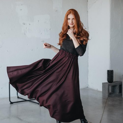 Burgundy Wool Maxi Skirt Elastic Waist With Pockets