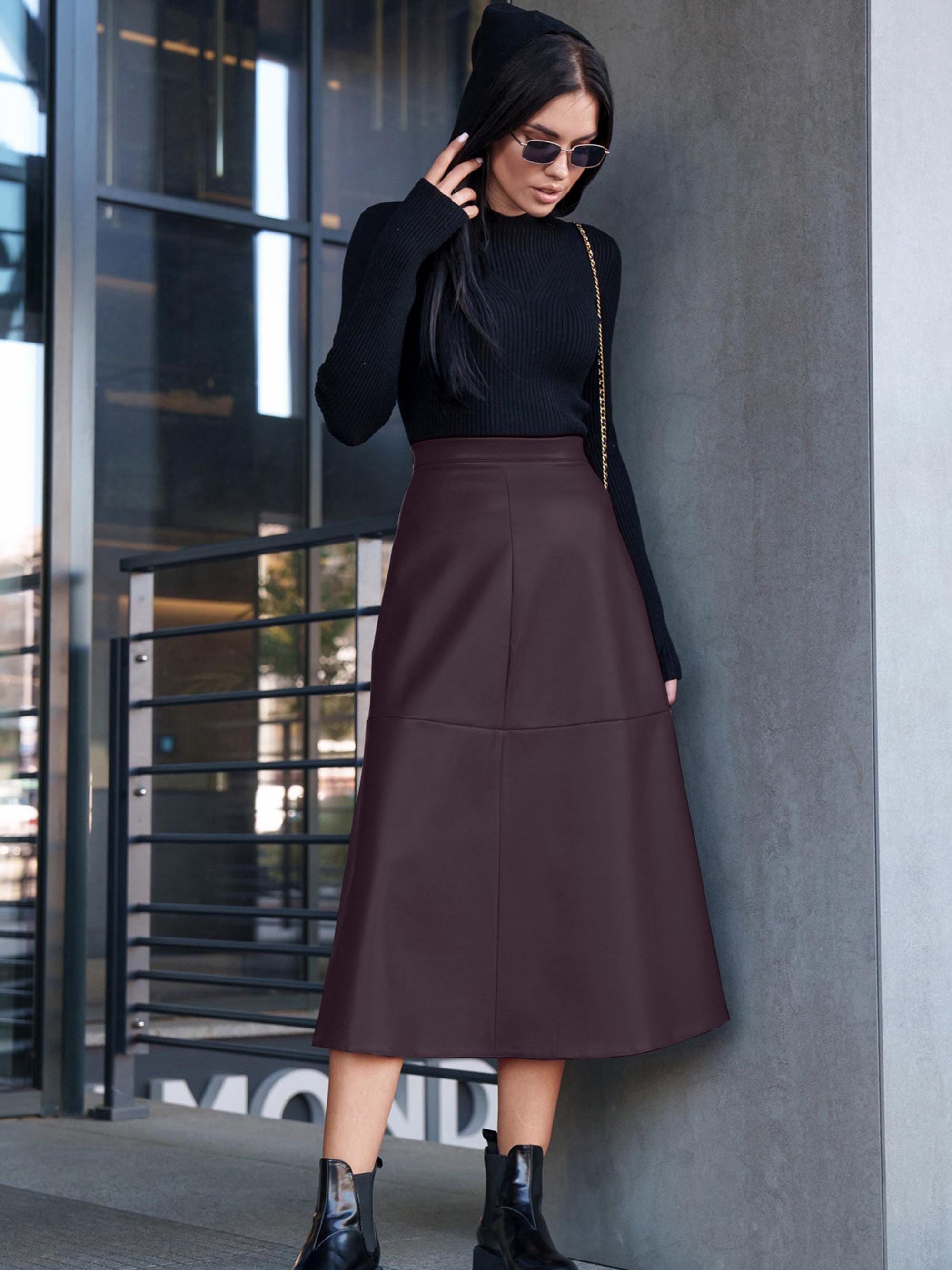 Vegan Leather Midi Skirt Aline Mid Waist Zipper