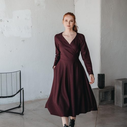 Burgundy Wool Midi Dress Wrap Top Flare Skirt
