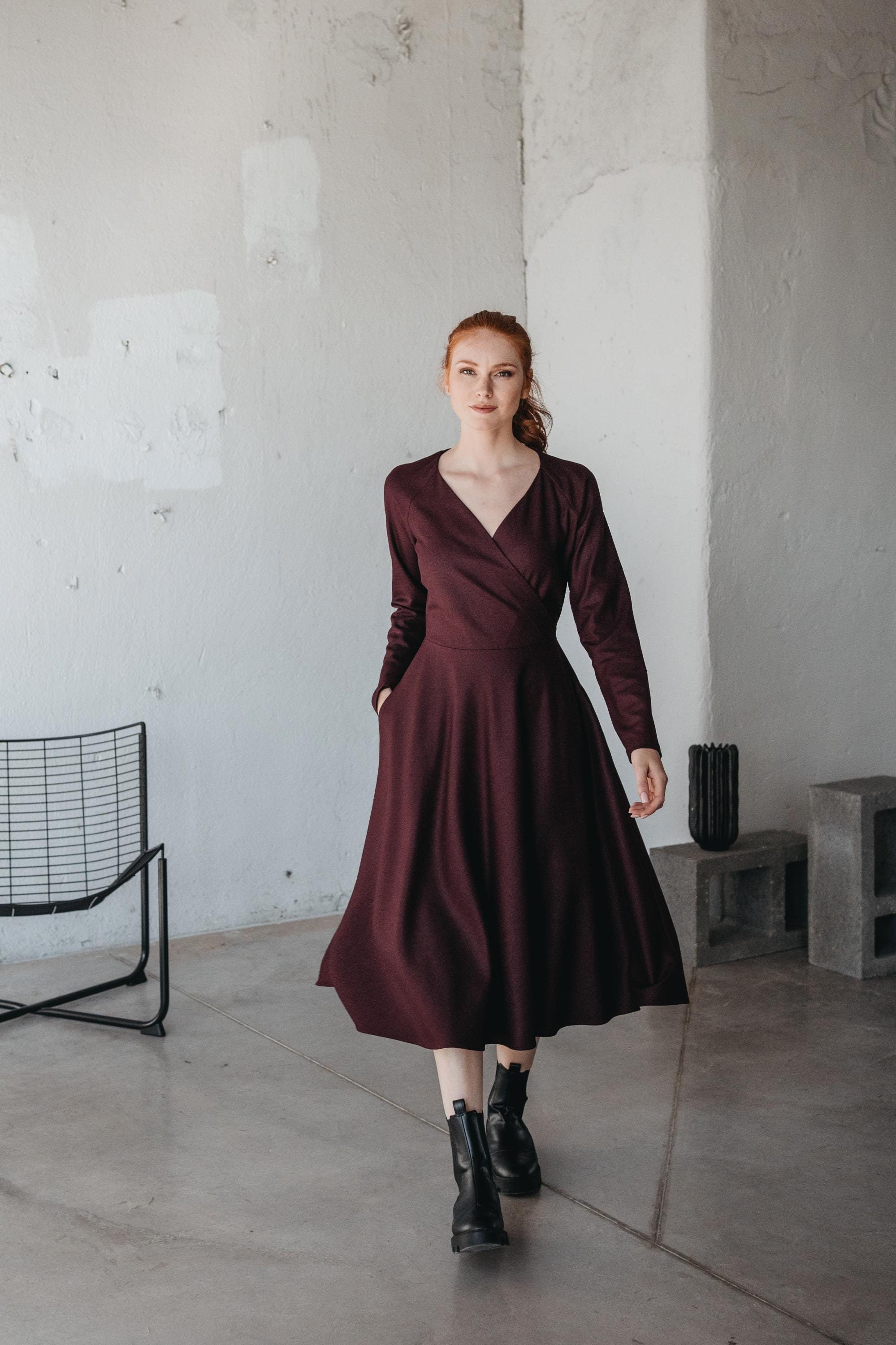 Burgundy Wool Midi Dress Wrap Top Flare Skirt