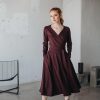 Burgundy Wool Midi Dress Wrap Top Flare Skirt