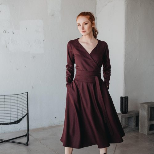 Burgundy Wool Midi Dress Wrap Top Flare Skirt