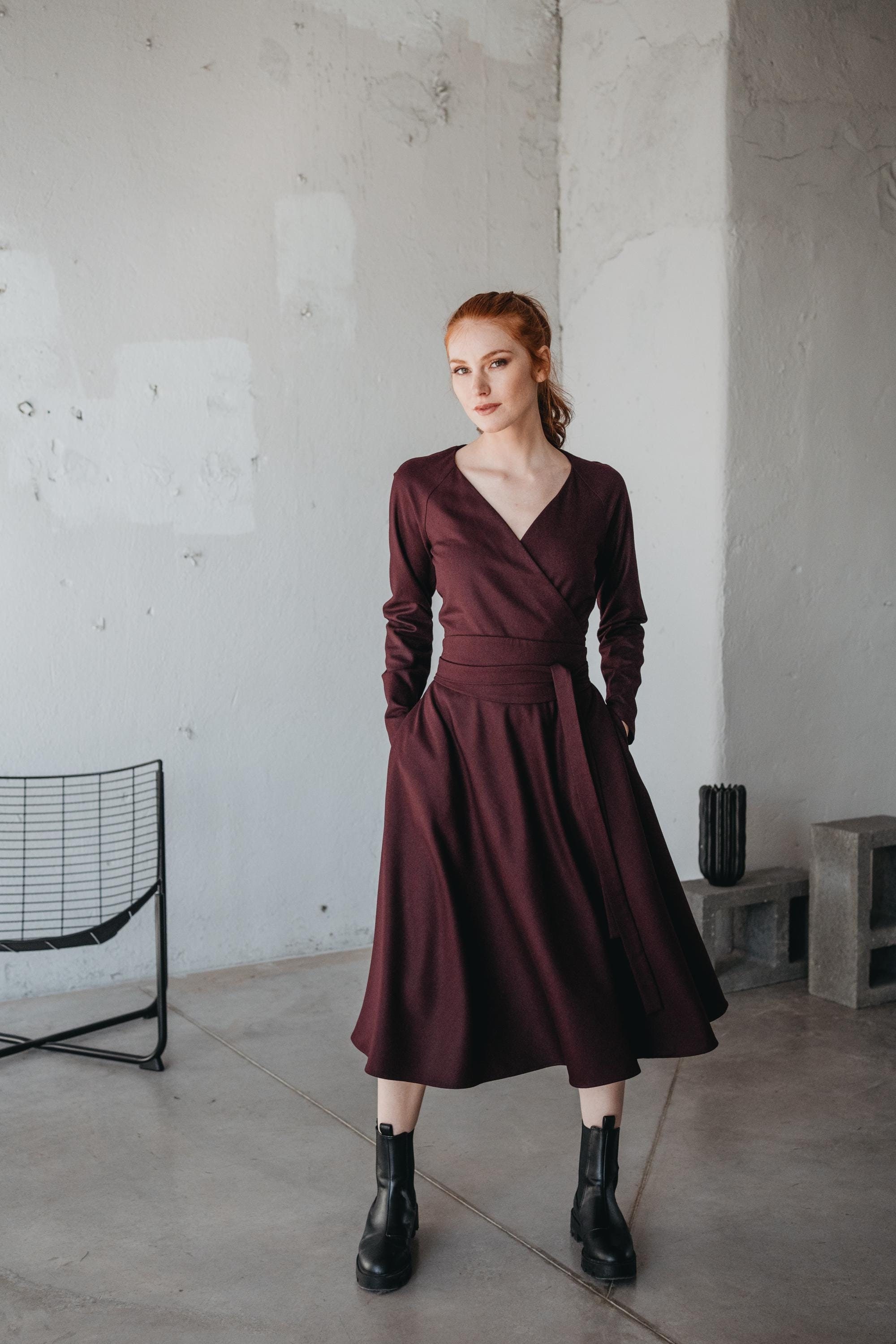 Burgundy Wool Midi Dress Wrap Top Flare Skirt