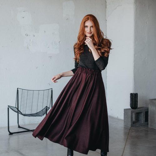Burgundy Wool Maxi Skirt: Elastic Waist Winter Skirt