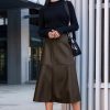 Vegan Leather Midi Skirt Aline Mid Waist Zipper