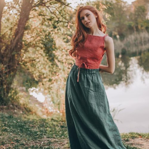 Sea Green Linen Maxi Skirt: High Waist Heavyweight