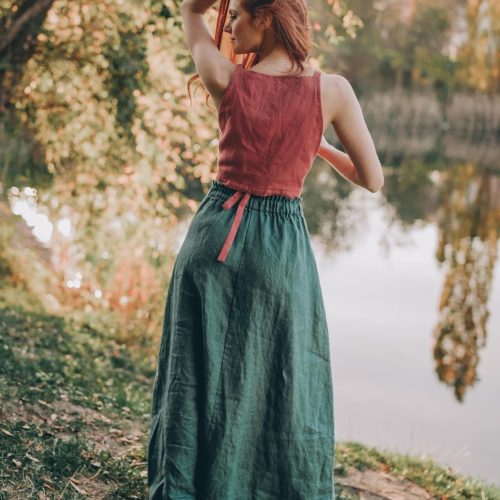 Sea Green Linen Maxi Skirt: High Waist Heavyweight