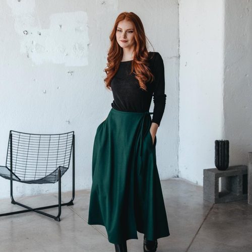Wool Wrap Skirt With Pockets: Dark Green Bohemian