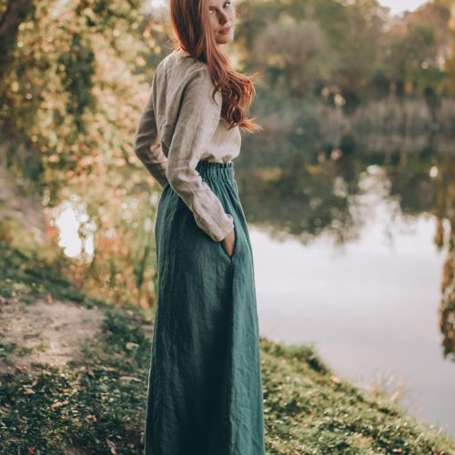 Sea Green Linen Maxi Skirt: High Waist Heavyweight