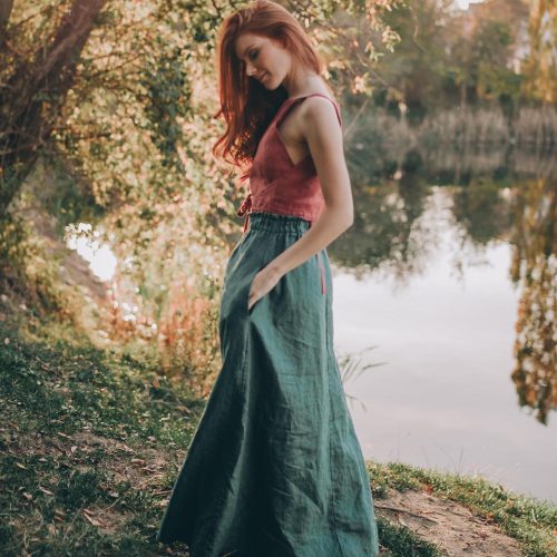 Sea Green Linen Maxi Skirt: High Waist Heavyweight