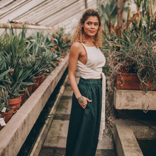 Dark Green Linen Midi Skirt: Elastic Waist Pockets