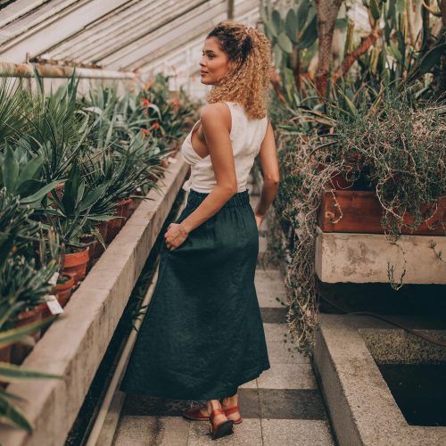Dark Green Linen Midi Skirt: Elastic Waist Pockets