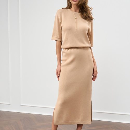 Stretch Knit Midi Skirt Bamboo Cotton Elegant Minimalist