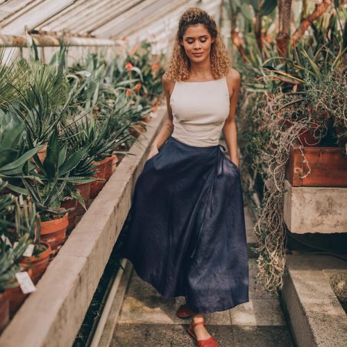 Navy Blue Linen Wrap Skirt: Midi Summer Skirt