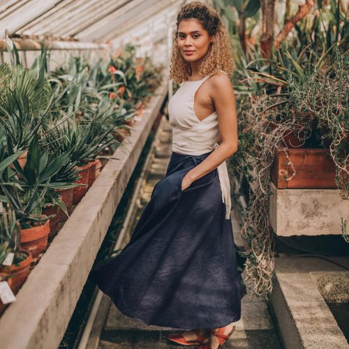 Navy Blue Linen Wrap Skirt: Midi Summer Skirt