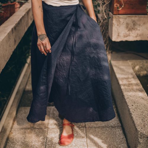 Navy Blue Linen Wrap Skirt: Midi Summer Skirt