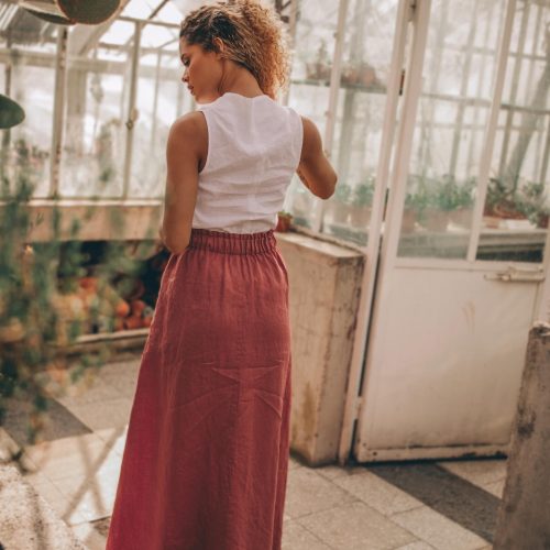 Moroccan Red Linen Maxi Skirt: Elastic Waist Pockets