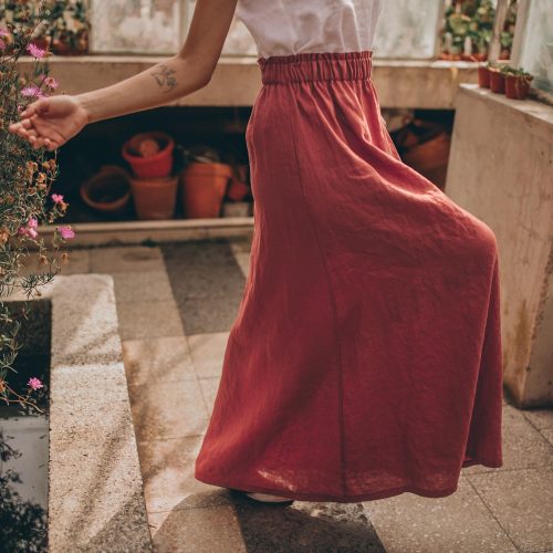 Moroccan Red Linen Maxi Skirt: Elastic Waist Pockets