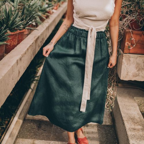 Dark Green Linen Midi Skirt: Elastic Waist Pockets