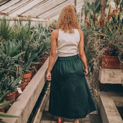 Dark Green Linen Midi Skirt: Elastic Waist Pockets