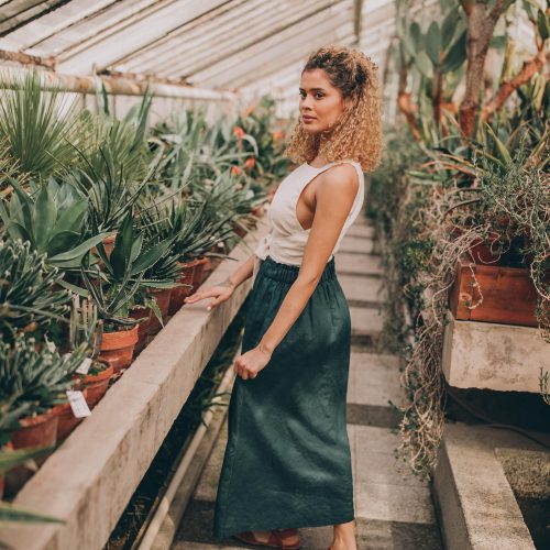 Dark Green Linen Midi Skirt: Elastic Waist Pockets
