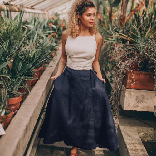 Navy Blue Linen Wrap Skirt: Midi Summer Skirt
